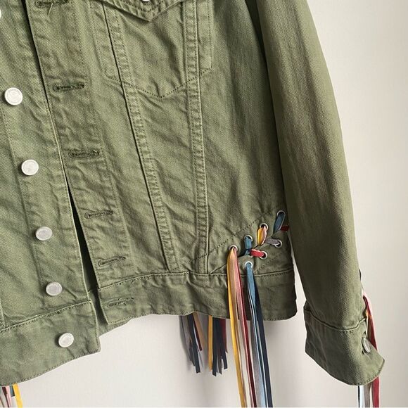BLANKNYC Rainbow Lace-Up Fringe Denim Festival Jacket Size XS Green - Picture 7 of 8